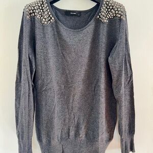 Hallhuber - Women's Grey Embellished Shoulder Sweater (M)